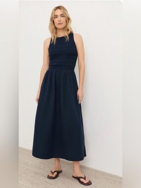Pact Navy Smocked Maxi Dress